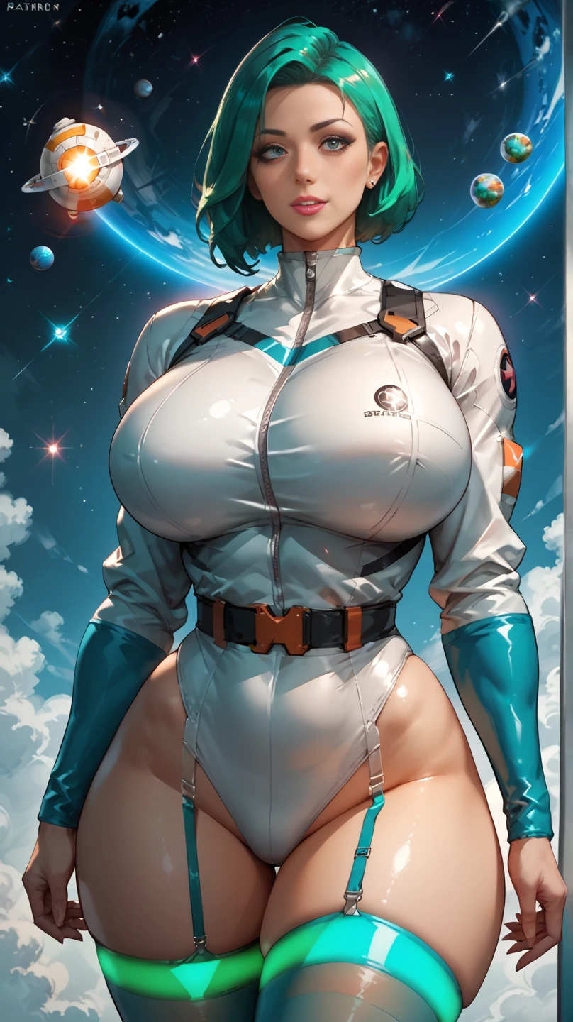 (Perfect body),Best Quality,16 K、((adult  woman))、(White and light blue leotard)、White armor、Blue crystal、One eye is closed、Wavy mouth、(((blush)))、I have my mouth wide open、Tsuriformes、(short-hair)、(Forehead)、(Brown eyes),((Brown hair)),(Sweat)、((Big ass))、((huge-breasted))、(((thick thighs)))、Armpits、Electronic space、