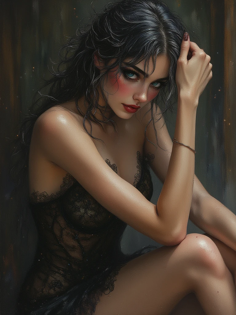 perfect face and strong jawline, sadistic atmosphere, (( a lot of white cum is dripping down her body)), wet sweaty skin, more detail, beautiful scary grey eyes, bigger , bigger butt, beautiful horror, better lighting, more toned muscles, perfect detail on her intimidating eyes,