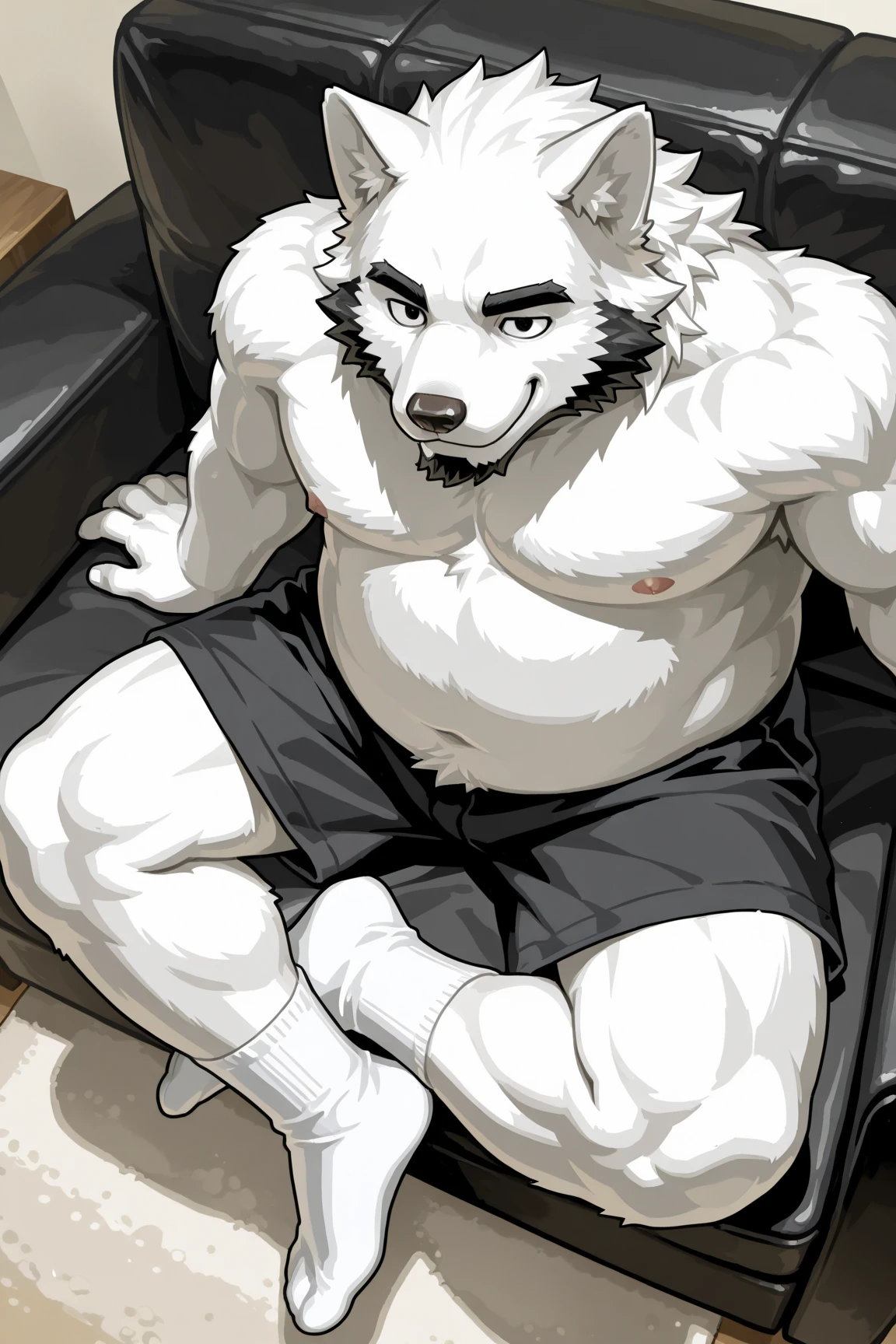 Scribble polar bear face,Humanity(polar bear),(Topless:1.3),Chubby,(Black eyebrows:1.1),(Perfect eyes),White fur，（artist:Takemoto Arashi），In the living room background，（White Fun Underwear:1.3），paw，（black beard:1.3），（Nipple Rings:1.3），（Hip bulge:1.3），（Show your feet:1.3）