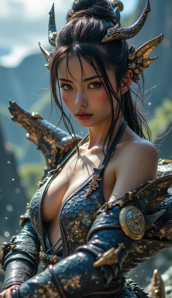 top-quality、masterpiece、超A high resolution、(Photorealsitic:1.4)、Raw photo、女の子1人、(((Chinese dragon background))),(Armor with beautiful patterns in every detail)、(((heavy breasts))),glowy skin、(((Cliff background、Large mountain ranges、falls))))、(Random hair),(((Detailed Micro Bikini Armor)))、Fight with beautiful swords and shields、(((Mystical expression))),(((glowy skin))),(Gorgeous blue rubber body)),(Fighting strong enemies)、(Background of decaying dungeon ruins)、(Ultimate Beauty))、(Full Body Angle)、((super realistic details))、portlate),globalillumination、Shadow、octan render、8K、ultrasharp、Colossal tits、Raw skin is exposed in cleavage、Details of complex ornaments、Japan details、highly intricate detail、Realistic light、(Mystical expression),CGSoation Trends、Red Eyes、radiant eyes、Facing the camera)、Toostock、Ultimate Beauty、Detailed sword)、(((dragon background))),