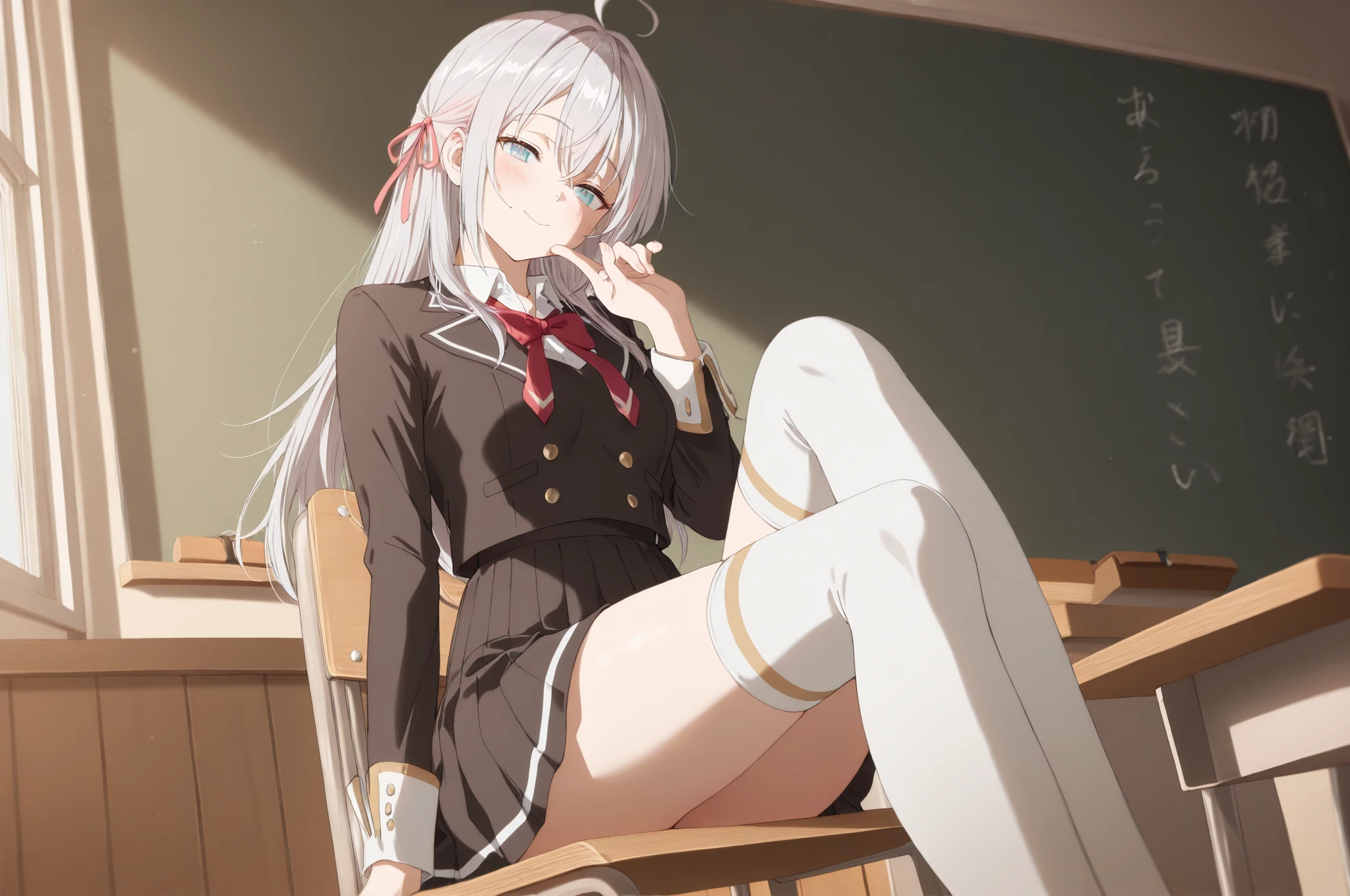 nsfw,beautiful girl,Anime Face,high school girl,Gray Hair,ponytail,steam,(low quality,worst quality:1.4),extra limbs,missing limb,extra digit,fewer digit,missing digit,missing finger,fused fingers,mutated hands and fingers,1girl,sweat,from below,soles of both feet,show the soles of your feet,face forward,stretch your legs,front,sit with legs stretched out,front,blazer,on the couch,dark blue socks
