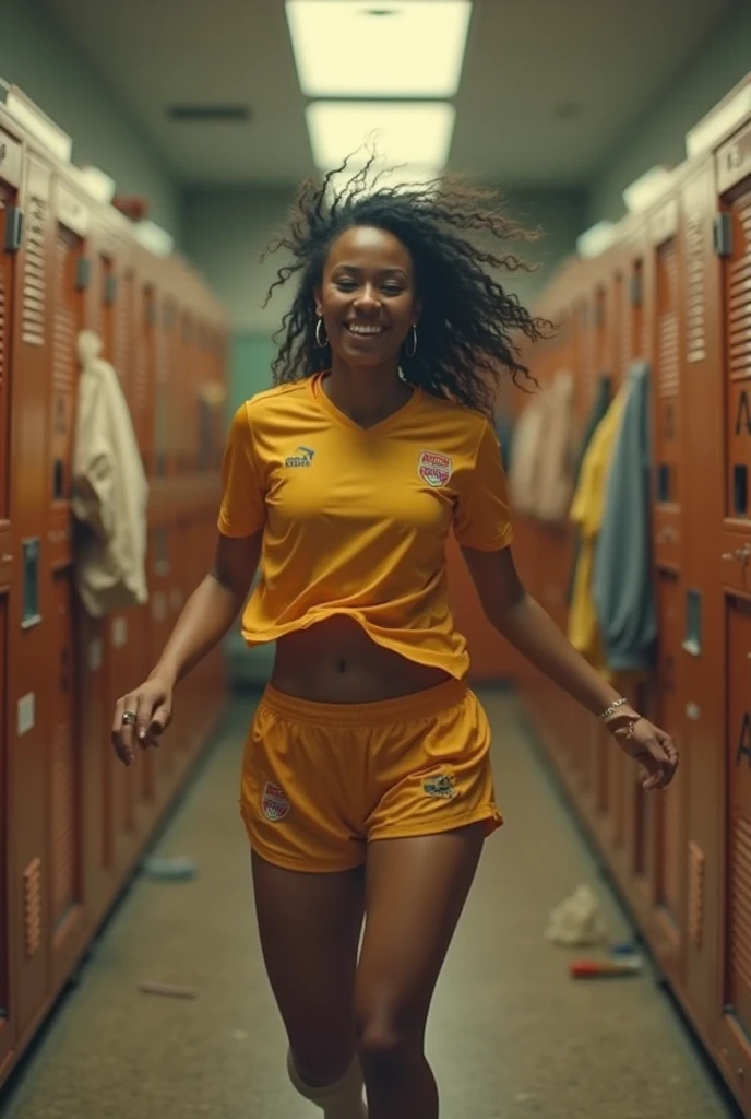((masterpiece, best quality)), Black woman with ponytail,in green sweater, ((yellow high cut cotton panties)), in an arena locker-room, photo realistic, intricate details