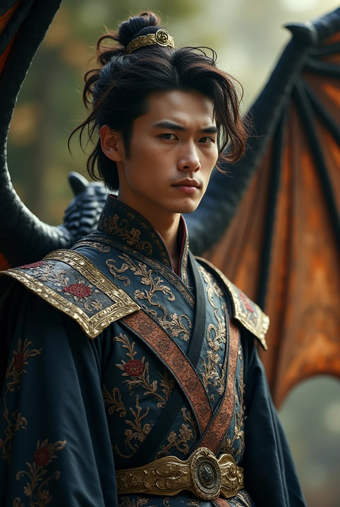 A white-skinned prince, Medium length black hair with red tips. Their eyes are not slanted and their color is light brown., pink lips and with a black Phoenix Dragon behind him. He will have a warrior outfit and on the chest of his outfit there will be the logo of a dragon head and a wing. The prince has American nationality