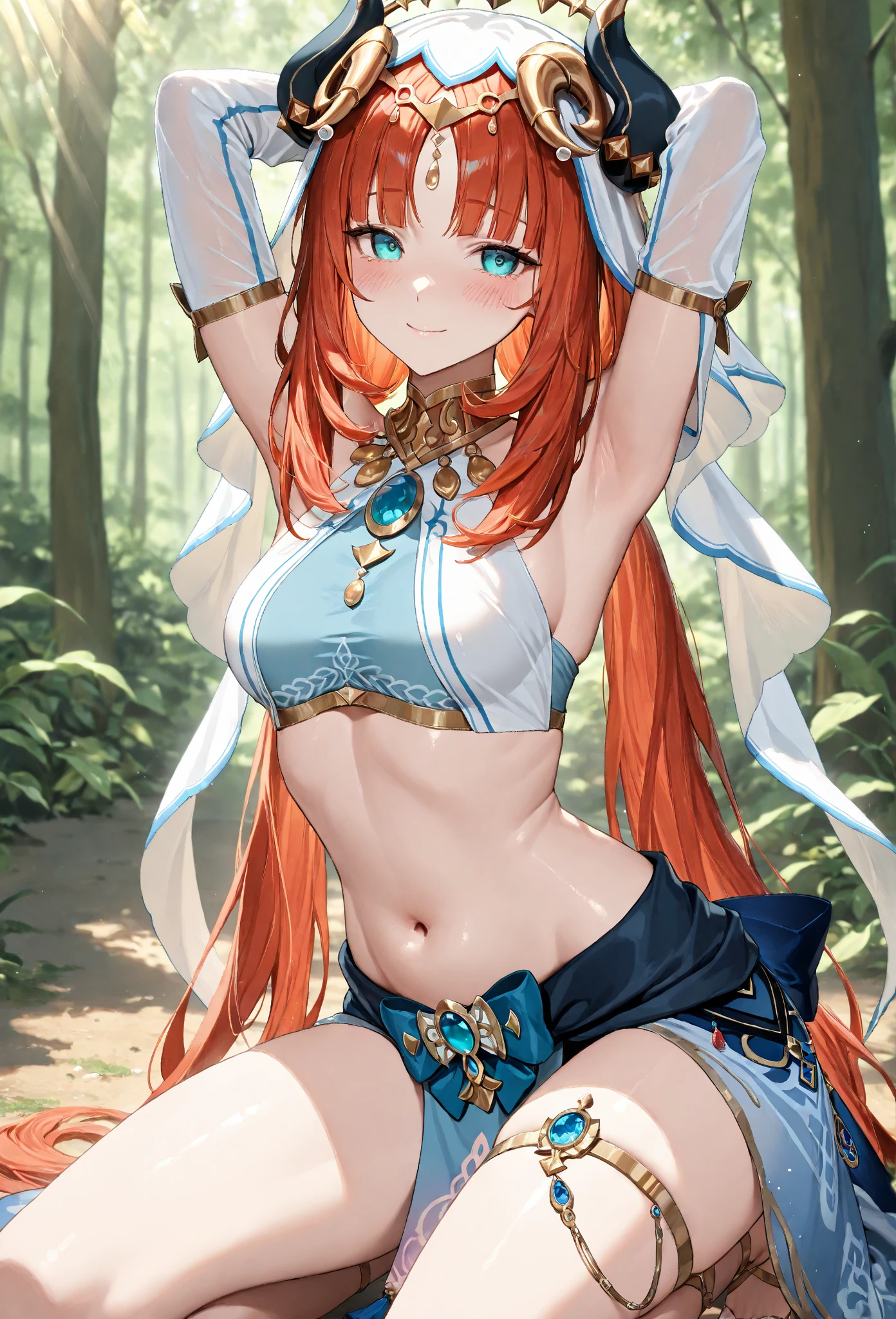 (Realistic painting style: 1.1), Bunny suit, masterpiece, best quality, nilou (genshin impact), aqua eyes, nilou (genshin impact), fake horns, 1 girl, solo, red hair, smile, long hair, horns , bangle, looking at viewer, bangs, two pigtails, open mouth, :d, parted bangs, raised arm, breasts, outdoors, hair ornament, low pigtails, floating hair, hair flower, hand up, ballerina, small breasts, stomach, blue bow, very long hair, playboy_bunny