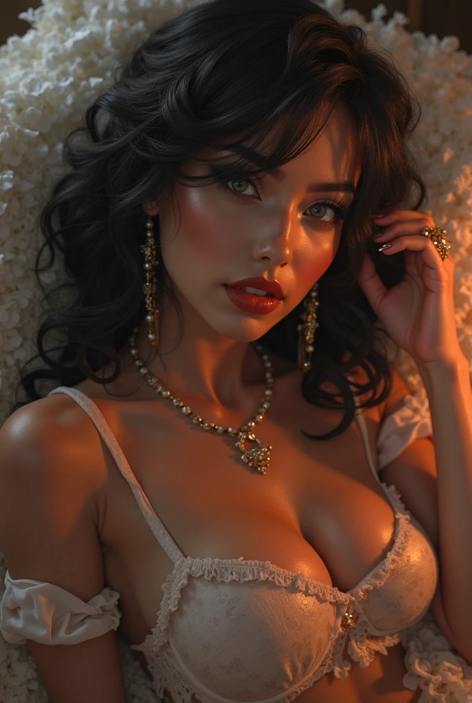 badashanren squishing Venezuelan female supermodel, long hair, pastel yellow gown, tight, undersized upper body portrait, large natural breasts, hyperrealism, highly detailed feminine bedroom background,sunlight , subtle nudity