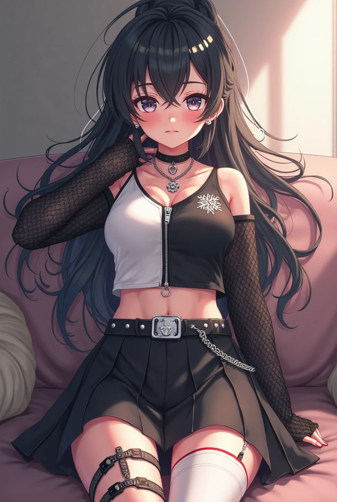 ((((Open your mouth))))、masterpiece,highest quality,High resolution,Very detailed,bb Festival,skinny,Ahoge,Black Hair,((((( Captivating smile ))))),skinny,Hair between the eyes,bangs,Hair Dark Brown Skin、Ribbon,Black Choker,Earrings,Black Ribbon,pleats shirt,Grey Shirt,shoulder cutout,Short sleeve,See-through sleeves,Black Skirt,High Waist Skirt,(((( Perfect Fingers )))) , shoes,(black shoes:1.4),Race trim,shoes,Black footwear,indoor,(sexy bed:1.2),((Heart-shaped pupils:1.3, Blowjob Gestures:1.5))、Open your mouth ,Sitting, bed ,Heavy breathing ,Hand in front of your mouth,Hand in front of mouth, Small face、manga,text,magazine、(Black mask:1.2, mask pull:1.3, Dark Room:1.5, Dim lighting:1.5)、(Sharp Eye、Vulgarity、night:1.8, Dim lighting:1.6, Love Hotel:1.8)