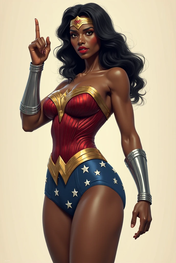 A beautiful woman with dark skin, black Afro hair, a round face, under the mantle of the Amazon warrior Wonder Woman, wearing a red corset costume and light blue leather pants with a star, long red knee-high boots, Diadema Wonder Woman on her forehead.