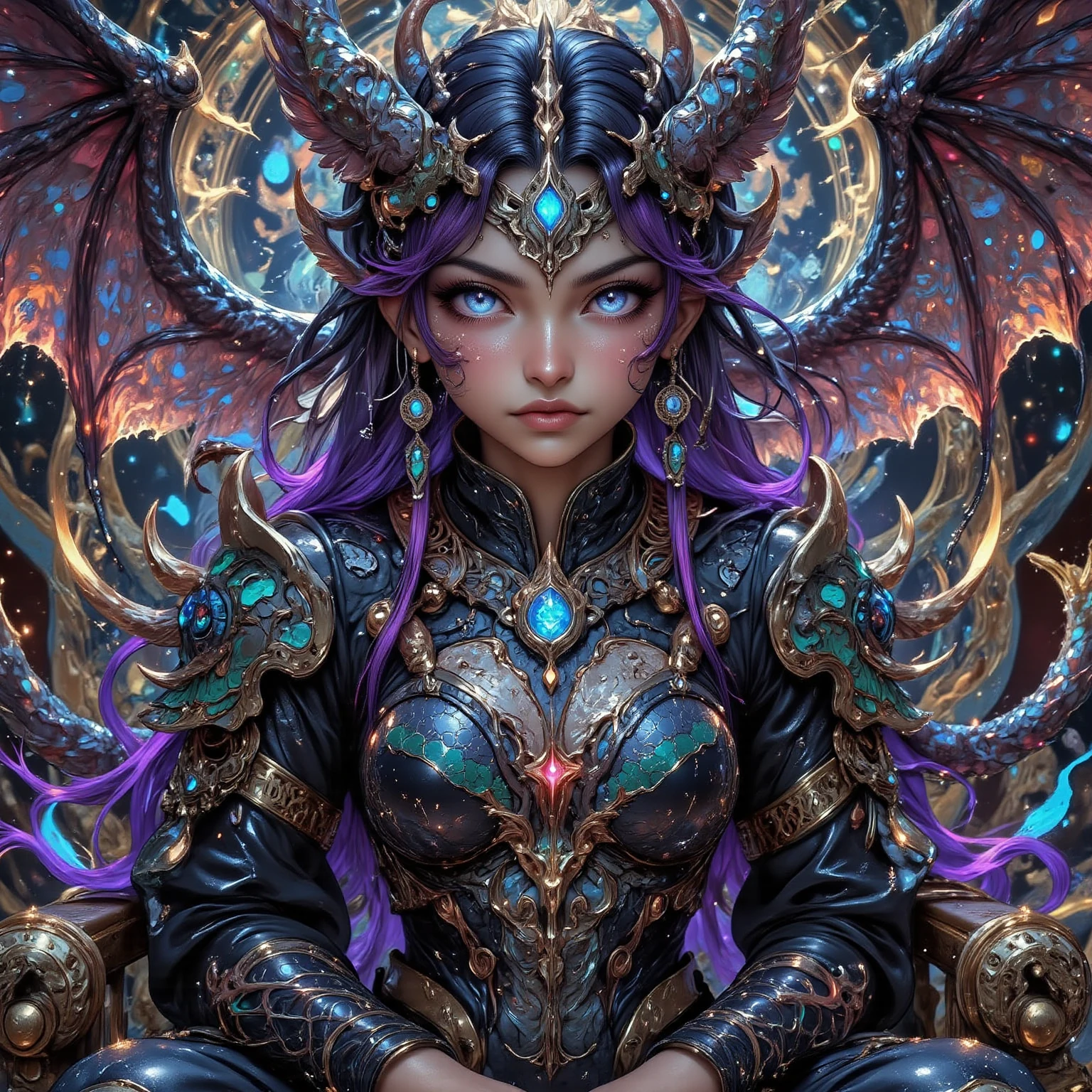 The woman is a fly demon of monstrous appearance with jet-black skin, the Queen of Flies and wife of Beelzebub, the Fly King. The couple are embracing and kissing.、((Highest quality)), ((masterpiece)), (detailed), （Perfect Face）、The fly demon queen, Reika Aoki, a subordinate of the fly demon king, Beelzebub, has midnight blue, semi-long hair. She has transformed into an aberrant demon, with fly antennae sprouting from her head, making her a fly demoness.  She wears a black demonic outfit like a fly, adorned with luxurious earrings and an engagement ring, and is decked out in lavish accessories. She is the fly demon queen, and her female body has completely transformed into a fly demon, mirroring the king's form.、The woman became Beelzebub's wife, becoming the fly queen and spending her life with the fly king.、The woman deeply loves her husband, Beelzebub, the great fly demon king.