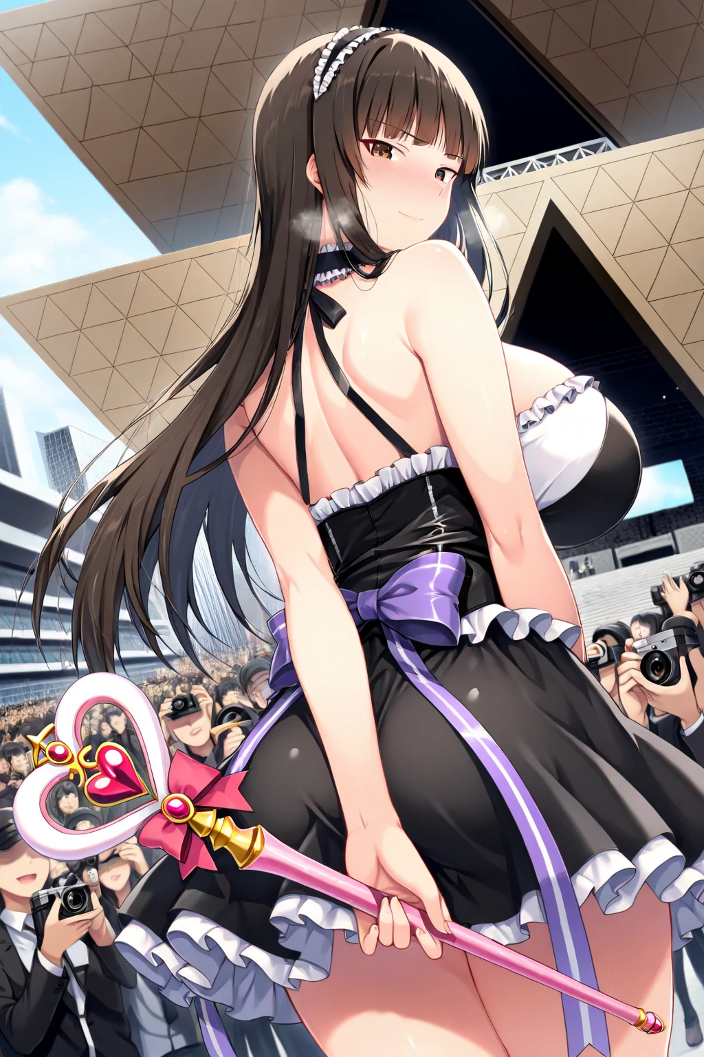 masterpiece, best quality, uncensored, nsfw,
1 girl, solo, outdoors, standing, (full body), pov,
short black hair, blue eyes, (small breasts), (wedding dress:1.2),
(presenting pussy:1.2), (pussy juice trail), (pussy juice trail), barefoot,
breastsout,
public, camera, foreground, photographer,
nipple ring,