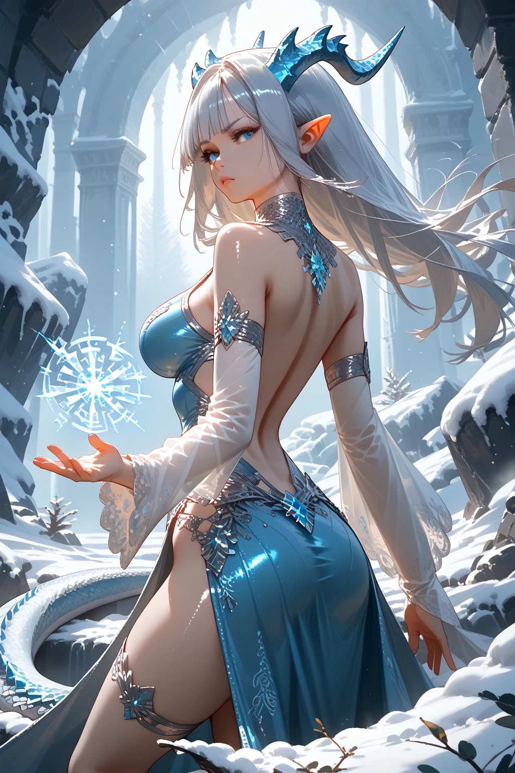 tmasterpiece，Highest image quality，Beautiful kneeling portrait of noble elf girl，Delicate silver hairstyle，clear sky blue eyes，Various well-made jewelry gauze skirts，heeled sandals，snowy desert，Moonlight super detailed，advanced。At the Pixiv Art Station，Break your own power，Luigi，Big breasts exposing cleavage，R-18G
