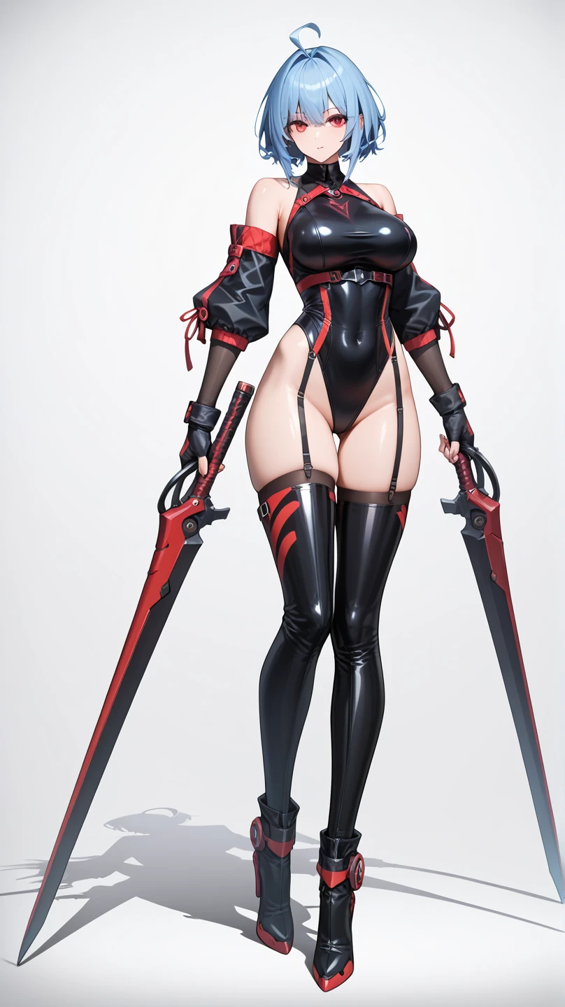 solo girl,Glossy metalic light silver tank top, tight latex shiny, Red interpolation color,Black hair bob,red eyes, camel toe, Samurai Sword,
Lift one leg, sexy lady,