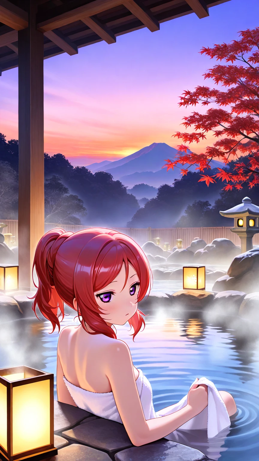 in 8K、top-quality、​masterpiece、ultra-detailliert、Ultra-high resolution、Anime style、outdoor bath、Rock bath、fullmoon、mountains on background、1 girl in、Red face、Wrap a bath towel around your body、poneyTail、A smile、wetting hair、stand up、Rear view