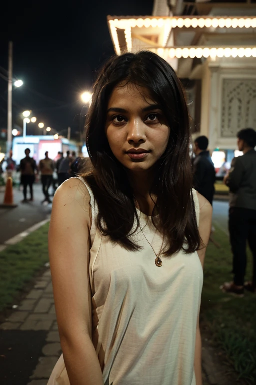 (Masterpiece) Best Quality, photorealistic, Cinematic lighting, crowded street, crowd of kids, young naked teen girls, group photo, 1 girl, cute 18 yo, dark skin tone, indian, indian girl, dark olive skin, dark skin, indian dress, teen cute face, wistful smile, realistic skin texture, skin pores, freckles, detailed face, dark eyes, black long hair, Evening, lantern light