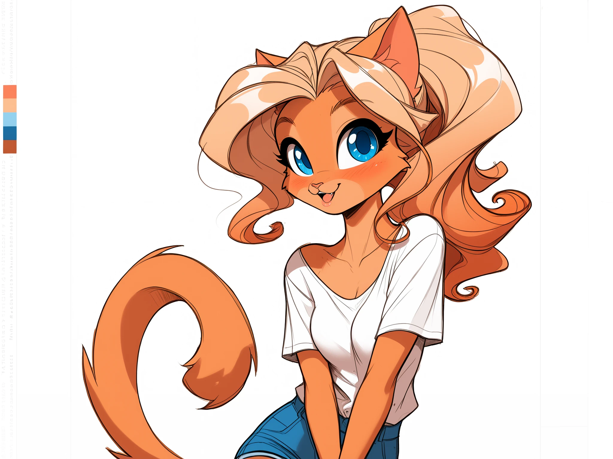 pencil sketch, line art, cute anthro cat girl with long blond hair, pretty blue eyes, medium breasts, skinny, swishing tail, very detailed, Twirling with a champagne fute, giggling as fngers brush during a toast, swaying lazily to the music.