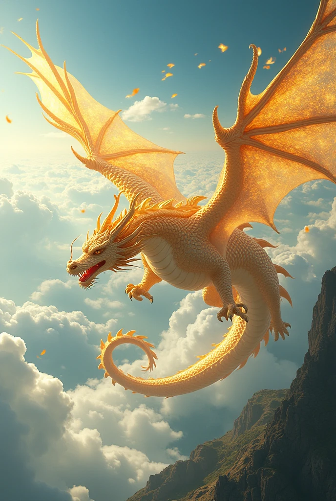 a picture of an golden dragon flying in the sky (best details, Masterpiece, best quality :1.5), dragon_real cloudy skies background, an epic gold dragon (best details, Masterpiece, best quality :1.5) extremely detailed dragon,  horns, breathing flame, dragon_wings, dragon wings wide spread, ultra detailed face,  birds view, sun rays, divine rays, sun rays reflected in clouds (best details, Masterpiece, best quality :1.5), sense of divinity, sense of awe majestic atmosphere, ultra best realistic, best details, best quality, 16k, [ultra detailed], masterpiece, best quality, (extremely detailed), ultra wide shot, photorealism, depth of field, hyper realistic painting,