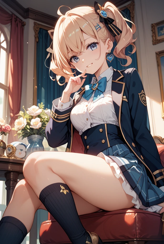 (((((1girl))))), (((best quality))), ((((masterpiece)))), (((ultra-detailed))), (illustration), (detailed light), (an extremely delicate and beautiful), (beautiful detailed eyes), (sunlight), ((extremely light)), 

((((typical school blazer and a pleated skirt)))),
school girl,

wavy short manish bob, (((yellow gold hair)), (((short hair))), 
(((deep red eyes))), 

((whole body)), aged 12 to 15, (()), 
diamond, beautiful, ((extra elegant)), (((condescending expression))), (sexually mischievous smile),  (((extra adorable))), (((extra slender shape))), 

(((sittinng on the sofa with her legs open and up))), 
(((exposed pale pink panties))),


(((extraordinarily thin thighs))), 
((white ankle socks))), 