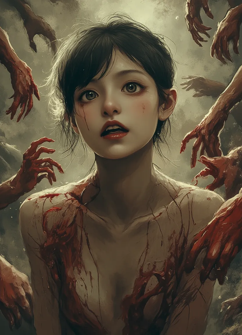 zombie、Dynamic Angle、Dynamic Pose、Inside a beautiful Western-style building、Pussy、Both eyes open、The bones are exposed、Dark, rotten skin、Nipples、forehead、Bloody、Injured、Hollow Eyes、I'm not feeling well、Wandering、Half naked、My clothes are torn、My hair is messy、Pale complexion、I'm about to die、Eating humans、Attacking the old man、An old man is lying down behind me