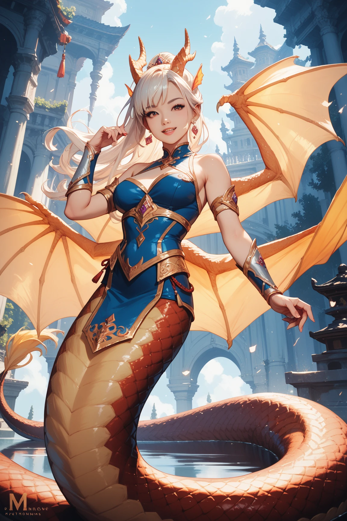 1 girl, blonde hair, wavy hair, green eyes, dragon wings, skin with dragon scales, perfect , round , fantasy costume, transparent background, splash art, (uhd), (amazing quality)