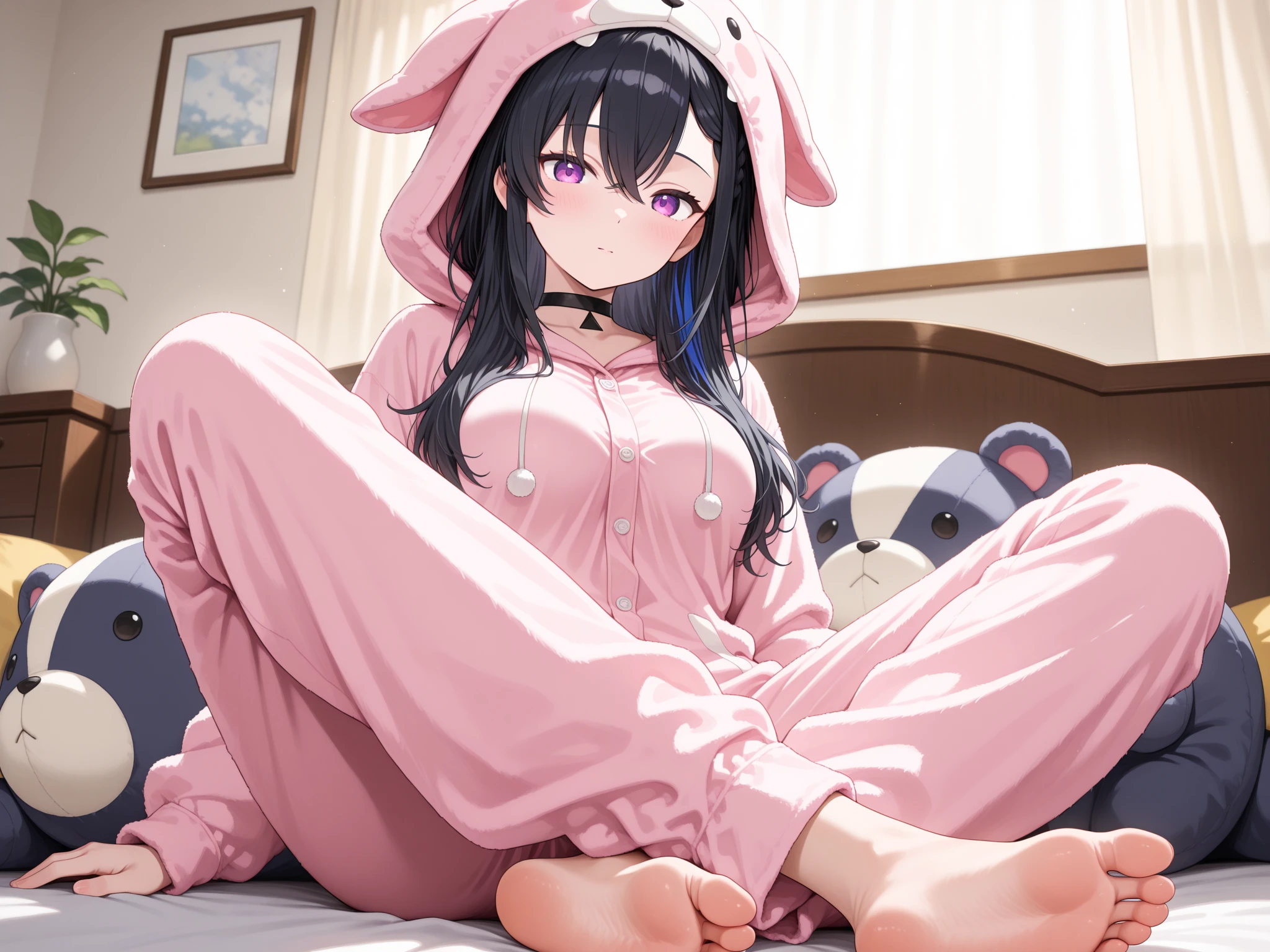 (masterpiece, best quality),1girl, beautiful face, <lora:OnesiePJs:1> onesie, red onesie, bed sheet, red red eyes,