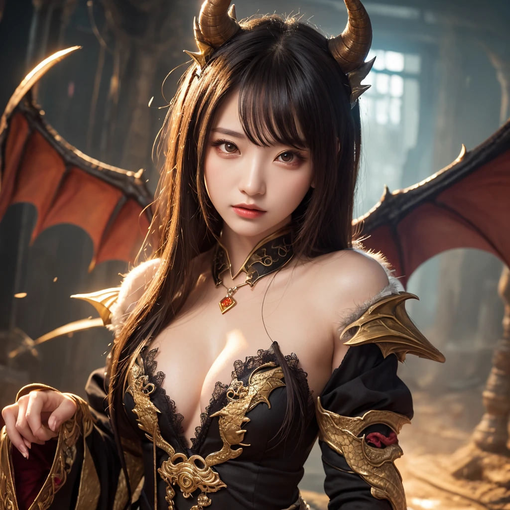 ((World of Darkness))、Professional , masterpiece、top-quality、photos realistic , depth of fields 、Beautiful Cyberpunk Woman Image,((World of Darkness)),(Dragon Blue Metal Body:1.1),(latex black-purple、(cleavage of the breast)、(Fight dragons)、Mystical expression、Dragon Gold Weapon((Random Hairstyles 1.5),Dark Fantasy,)、、(Red Micro Bikini Armor:1.4),Gorgeous gold weapons ,((((Particles of light))))、,Blood on the face,Blood Rain,Blood fog(blood splattere:1.9),,((( Dragon's dense and gorgeous sword)) , (demonic wings)、((a blond))、(Castle background)、((Gangle's forest background))、((Fight dragons))、Beautiful Caucasian beauty、1a person、dynamic ungle,(((Detailed and ornate dragon helmet)))、(((On his head grow two demon horns))),Smaller head、A smile、Castle background、Thin and beautiful female hands、cleavage of the breast、Soldier in iron armor on background、Mystical expression、Light Effects、intense fighting、Wind-effect、magic circles、With the legendary magic wand、Dragon's tail、explosions、Anatomically correct body、、((4 fingers,Thumb、Detailed hands and fingers)),