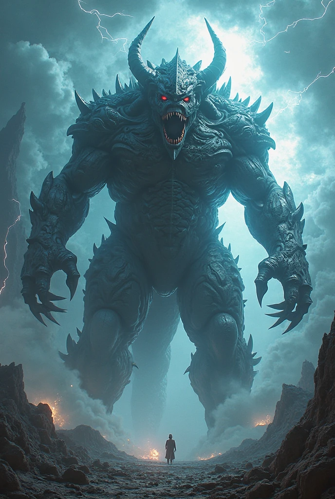 A very detailed painting,Depicts a man have a weapon on a hill gazing at a giant alien monster lightning breath, author:Shinkai Makoto, By Art Jem, From Wlop, author:Greg Rutkowski, Volumetric Lighting, Octane Rendering, 4K resolution, Popular on artstation, masterpiece ,wind magic