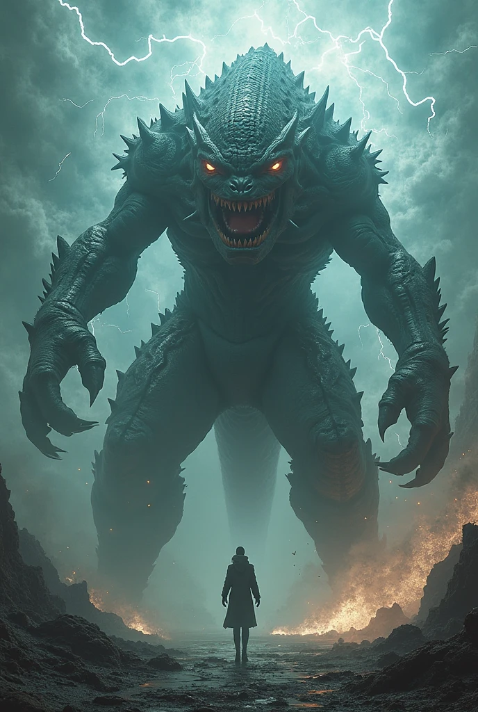 A very detailed painting，Depicts a man on a hill gazing at a giant alien monster, author：Shinkai Makoto, By Art Jem, From Wlop, author：Greg Rutkowski, Volumetric Lighting, Octane Rendering, 4K resolution, Popular on artstation, masterpiece 