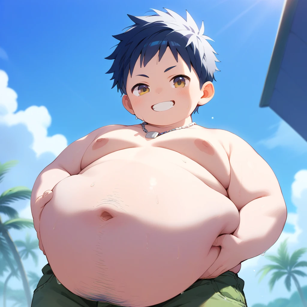 ((androgynos)), beautiful, (pudgy face), nipples, (belly button), ((boyish)), (cute), (chubby), belly, (beefy), ((mischievous)), (handsome), muscular, (naughty smile), (Canines are visible), (swimsuits), (in beach), (He puts his face close to her as if peering into her.), (Open your mouth),