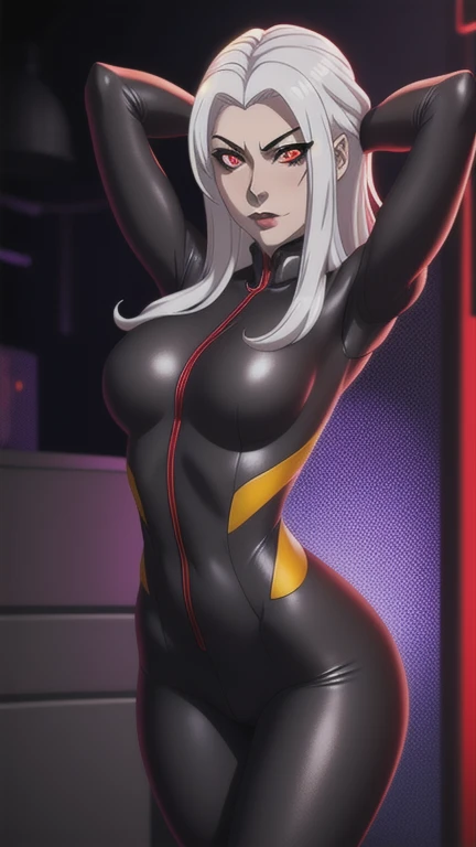 1girl,white hair,black eyes,dark upper lip,sexy pose,Saturday,orange bodysuit,black thighhighs,yellow belt,orange elbow gloves,zipper,down,navel,
(insanely detailed, beautiful detailed face, masterpiece, beautiful detailed eyes, best quality),