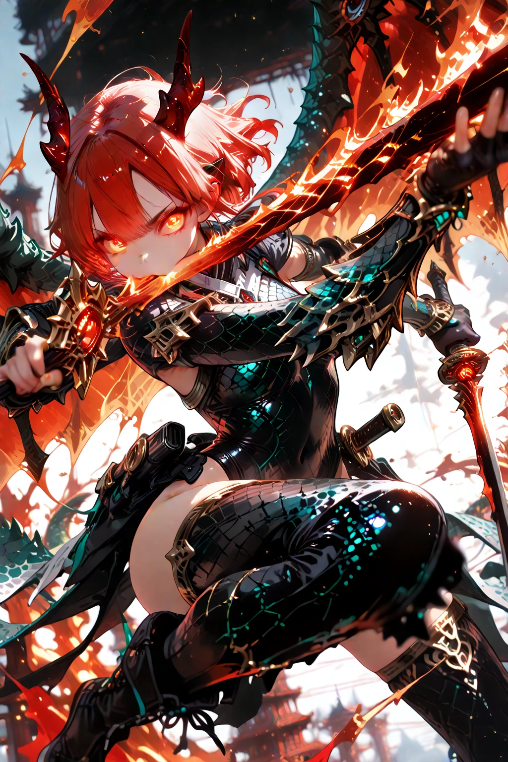 (best quality, masterpiece, ultra high resource,depth of field,8k wallpaper, cinematic angle:1.2),
(1boy),dragon boy,dragon scaled leotard, dragon wing, flying over the sky, throwing fire from mouth, dynamic posing, dynamic angle, glowing eyes, right hand holding sword, fiery eyes, black with red line hair