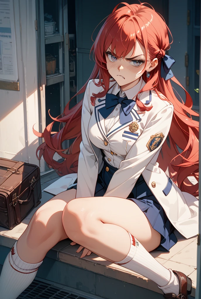 from side,profile,{{Suffer from holding your stomach:1.6}}, Hold your stomach, cower and suffer, {{Grit your teeth:1.4}} ,Dynamic composition,{{Very Aesthetic}},{{masterpiece}}, {{{Highest quality}}},{{Very detailed}},1girl solo,{{A woman lying in bed, eyes tightly closed, suffering:1.8}}, Lie down on the bed.{{v-shaped eyebrows}},Bad mood,blush,Sweat, Beautiful thighs,uniform, White long-sleeved blouse, blue mini-skirt, blue suspenders, white high socks, red tie,Black fingerless gloves,long red hair, blunt bangs.Inside the inn