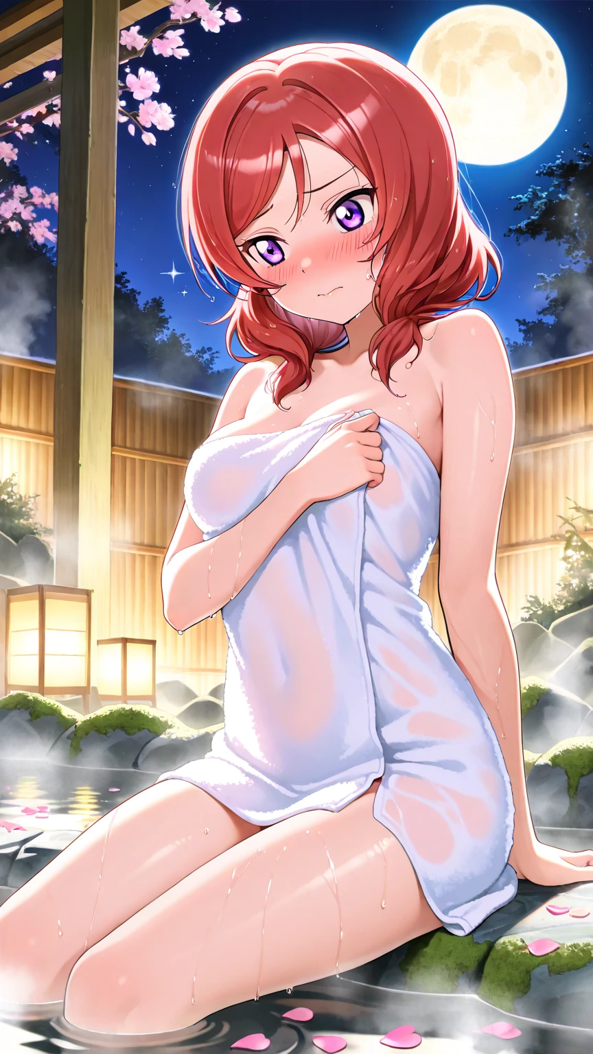 score_9, score_8_up, score_7_up, source_anime, rating_explicit, rating_safe, rating_safe, rating questionable, anime coloring, (anime cels style, high resolution, photorealistic), (super fine illustration:1.3), (best quality:1.2), (masterpiece:1.2), top-quality, delicate features, delicate skin, realism, beautiful lighting, 1girl, perfect face, perfect eyes, detailed hair, outfit perfect, beautiful breasts, perfect body, perfect anatomy, perfect chest, perfect hips, perfect legs and feet, perfect hands, perfect fingers, ((medium breasts:0.8)), (small nipple:1.1), beautiful thigh, beautiful legs, curvy body, Attractive body, Voluptuous body, Attractive legs, ultra detailed eyes, Erotic, Pupils, sexy pose, dynamic pose, dynamic background, (shiny skin:1.2), ultra detailed clothing, pretty, cute, ((oily skin:1.3)), (Super oily and shiny skin with fine texture:1.1), beautiful oil-covered thighs, blush, aroused, (light smile:1.4), (orgasm), afterglow, (small labia majora:1.2), (small beautiful areola:1.3), (beautiful nipples:1.2), (perfect proportions), (sweat-soaked body), ((clothed)), (covered breasts:1.3), (cleavage in the chest:1.2), sideboob, body is wet, shiny clothes, shiny body, BREAK, (late night), starry sky, ((deep hot spring:1.3)), open-air bath, (sitting in hot springs), (Soak in hot springs up to your waist:1.2), (Natural hot springs gush out), reclining, wading, steam, (mist), (wet), sensual look, 1 cute girl, (close to viewer), cowboy shot, intricate, cameltoe, navel focus, blowing in the wind, flutter, kyoto style, (front view), anmnr, more detail XL, absurdres, ((kurosawa ruby, red hair, two side up, green eyes, naked towel)), fine anime screencap,