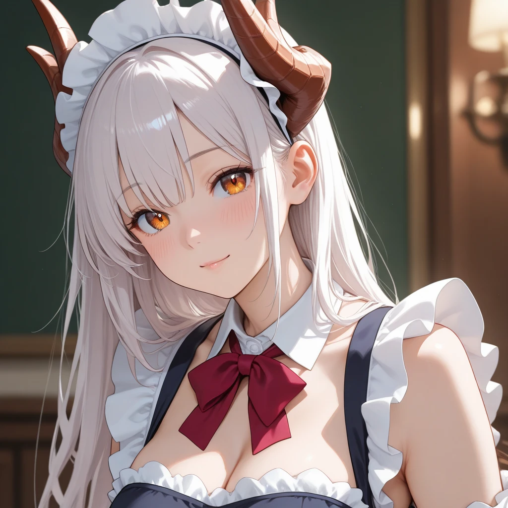(masterpiece, best quality:1.2),illustration,8k,hd,1girl,solo,long_hair,breasts,large_breasts,smile,bangs,dress,animal_ears,cleavage,very_long_hair,collarbone,short_sleeves,frills,horns,puffy_sleeves,white_dress,black_dress,puffy_short_sleeves,grey_eyes,sheep_ears,cow_ears,cow_horns,cow_girl,<lora:CowGirl Bubble-V1:0.7>,