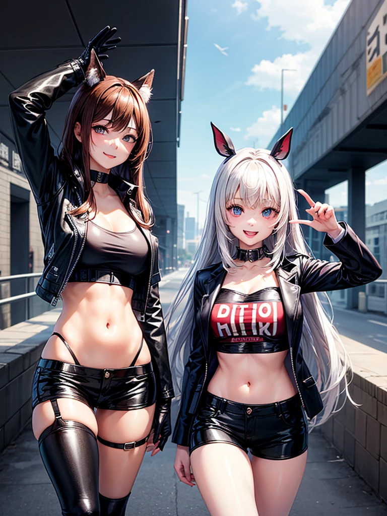 best quality, ultra high res, (photorealistic:1.4),masterpiece,1girl, Kpop idol,(aegyo sal:1.0),puffy eyes,(City of ruins),alice \(nikke\),(pink bodysuit),((animal ear headphones)),(shiny clothes),twintails,(latex bodysuit),(rubber suit),shoes,(cleavage),(slender),((white hair)),(silver hair),(gray hair),((red pupil)),(looking at viewer),(smile),(long hair),nsfw,depth of field,detail face, shiny skin, nice detailed eyes, heavy eye makeup, slim waist, blush, detailed eye makeup,perfect anatomy,(pureerosface_v1:0.55),((pink coloured contacts)),(Giving the peace sign on both hands),V-sign,make a peace sign, --auto