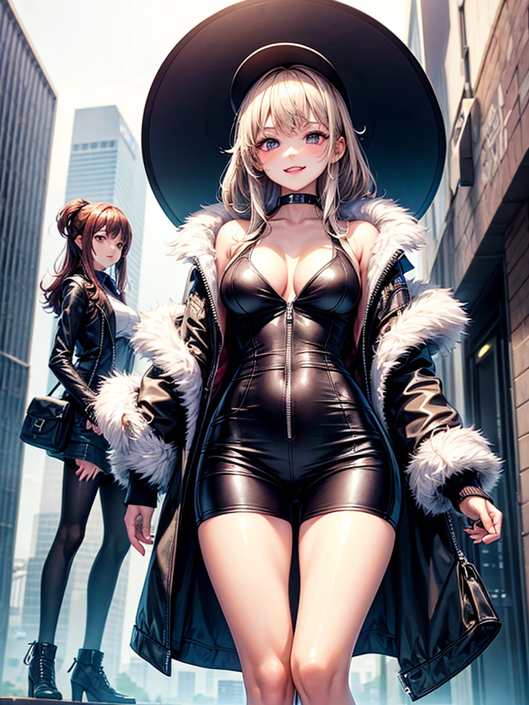 ((Masterpiece, top quality, high resolution, photorealistic, Raw photo)), ((highly detailed CG unified 8K wallpaper)), (huge stunning goddess shot, very hot and sexy, jaw-dropping beauty, perfect proportions, beautiful body, slim body beauty:1.2), Black and white sketch of two women having a secret conversation on a street corner, wearing black hats, black sunglasses, black trench coats, black shoes, Urban area, HD, 4K,