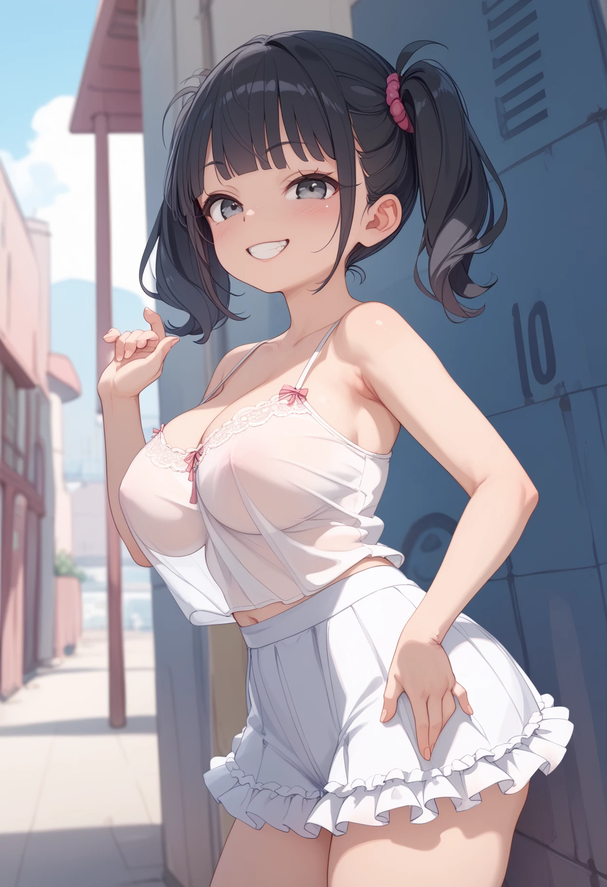 (8K、Highest quality、highest quality、masterpiece)、Detailed face、One girl、 Black Hair、short hair、twintails、blunt bangs、Grey Eyes、evil smile、((Grin))、Small breasts、((White camisole))、((denim skirt))、Cowboy Shot、((bent over))、Back Alley Background、Very large breasts、Nipples are visible