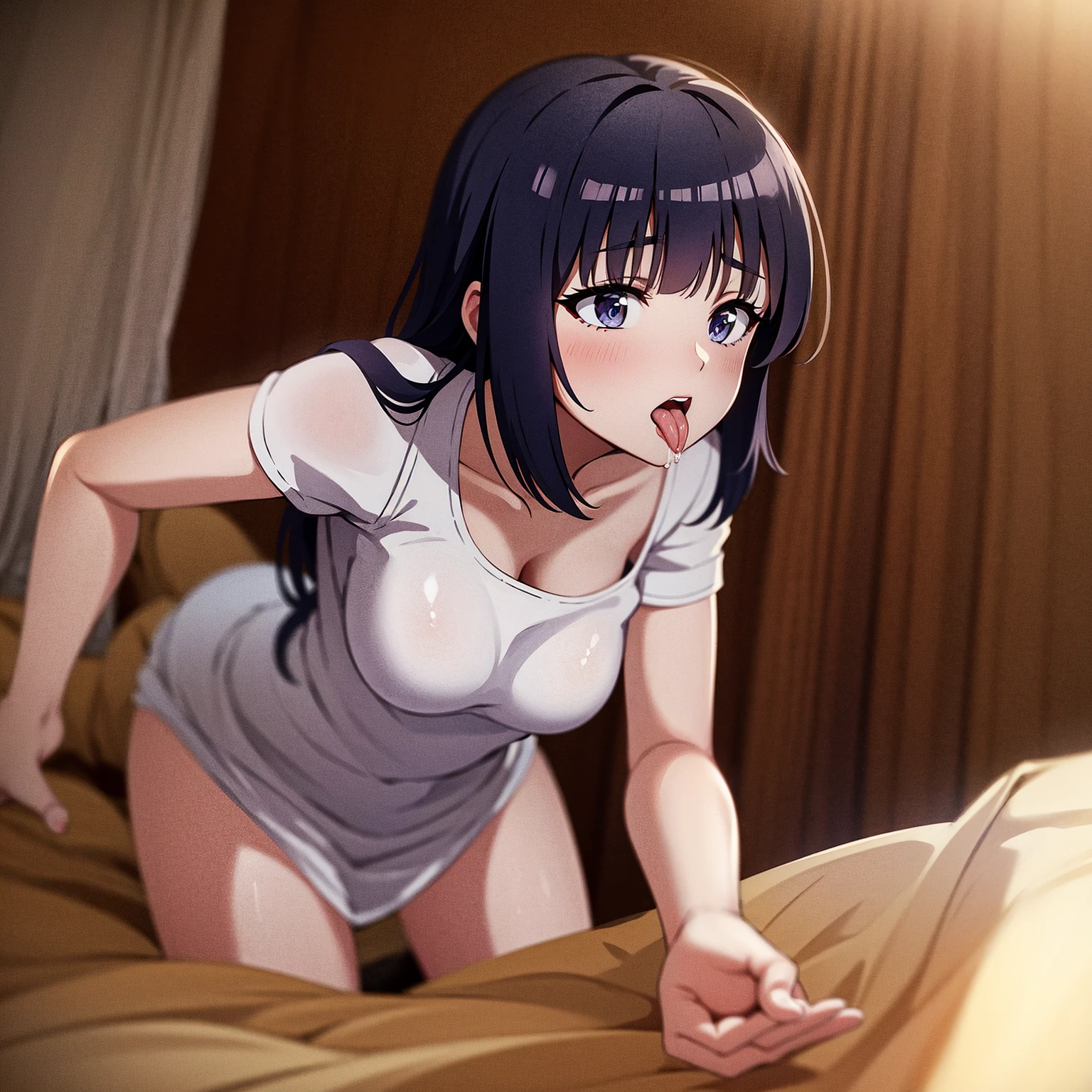 1girl, crawl position, sex from behind, 1boy, Doggystyle, (1boy, buzzcut, muscular, penis, nude, boy touching girl chest,chestgrope from behind, boy caressing girl's body, breast groping, breast grope, hold breast,) (1girl, bangs, black hair, blush, medium breast, nipples, pink nipples ,cum inside , creampie, vagina) indoors, bed,bedroom, lamp, cowboy shot, sex,sex from behind, thrusting, masterpiece, perfect anatomy, hentai, nsfw