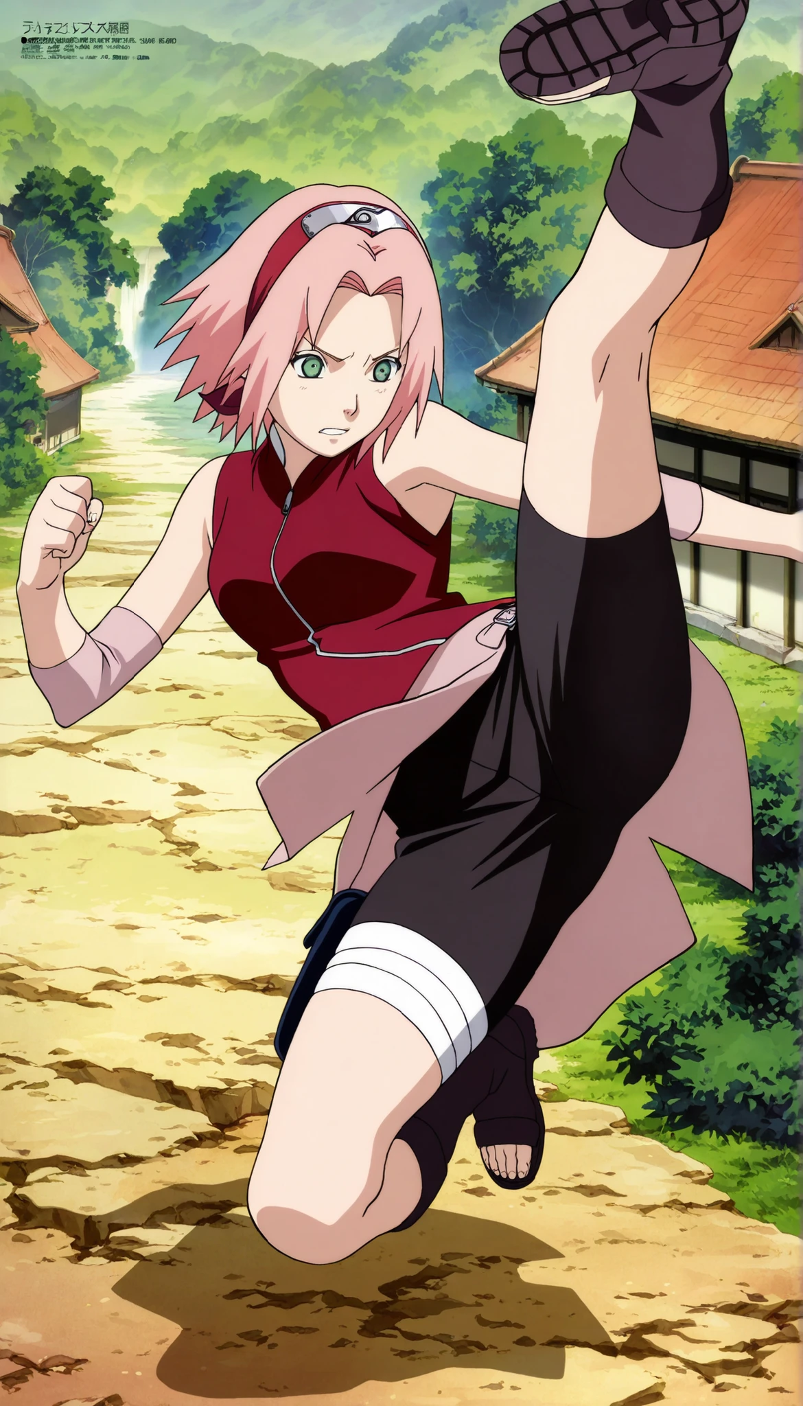 1girl,haruno sakura Fighting posturekicking lift 1 leg,Spread your legs 180 degrees , BREAK pink hair, short hair, red hairband, green eyes, parted bangs, BREAK red sleeveless minidress, zipper, pink miniskirt, bandaged thigh, BREAK medium breasts, beautiful body, beautiful legs , masterpiece,best quality,amazing quality,professional quality ,very aesthetic ,newest,scenery, ultra detailed ,highly detailed ,intricate , absurdres , high resolution , 4K , 8K , unity 8k wallpaper , crisp quality , sharp focus , rich contrast , rating_explicit , official art, official style,source_anime,anime screencap,anime coloring,megami magazine,anime,animated ,1girl, standing at konoha village, straight angle, full body,black cycling pants