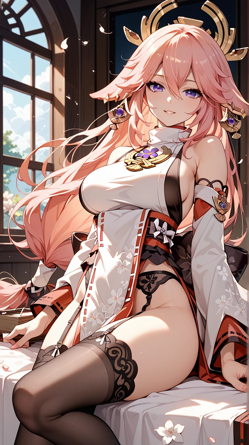 Masterpiece、Highest quality、Super detailed、1 girl、Light pink hair、Fluffy and soft long hair、Starry eyes、Big Tits、Cleavage、Too big breasts、Shrine maiden、shrine、Wide open chest、Mysterious Lights、Night Sky、smile、Lace cape、Earrings、garter belt、Belly button