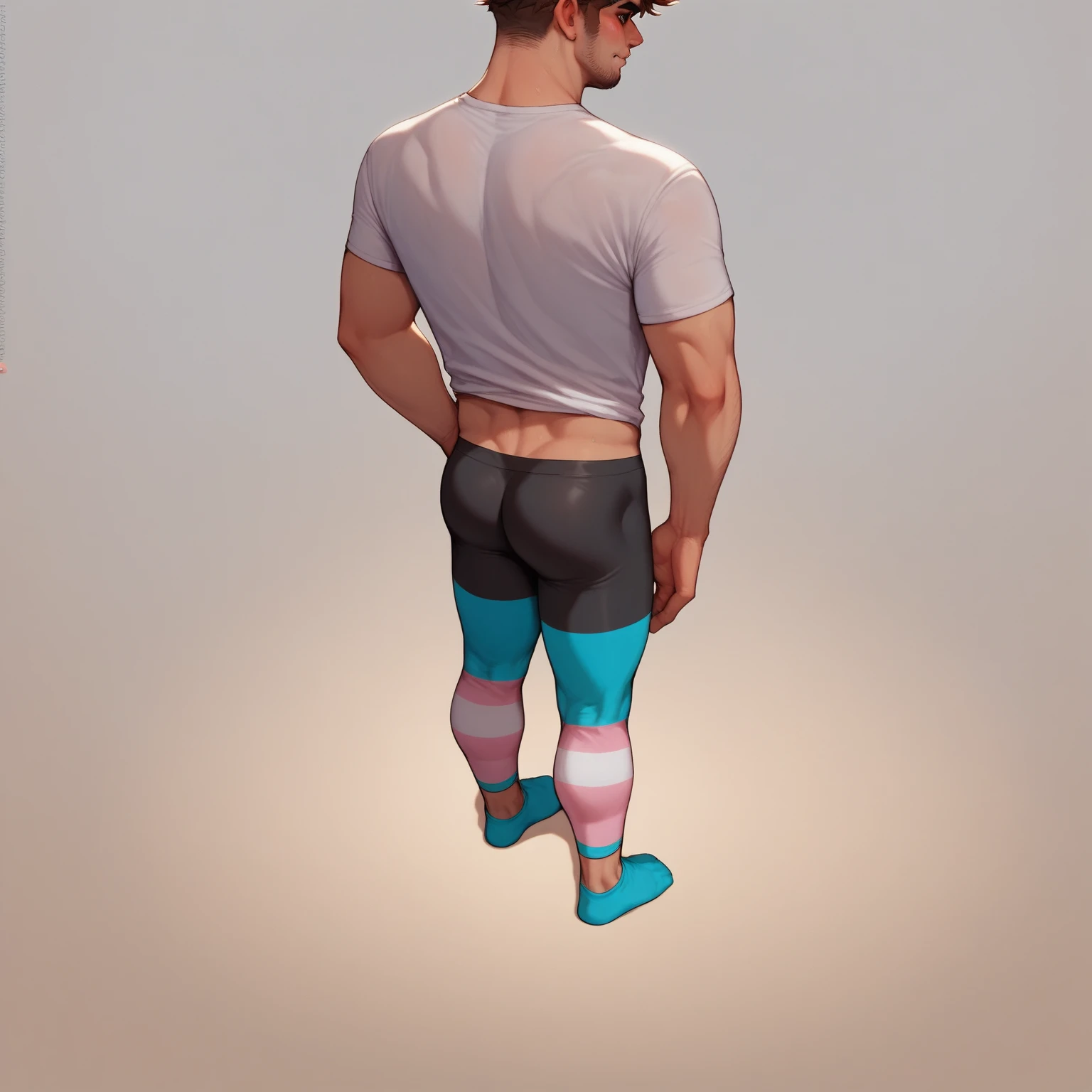 (((male gender))) "An ultra-detailed 8k masterpiece best quality and high saturation. The image features a clothing illustration with a stunning thick european Boy wearing a tight sheer leggings outfit, including tight open shirt, F cup, white sneakers, and a blue background."