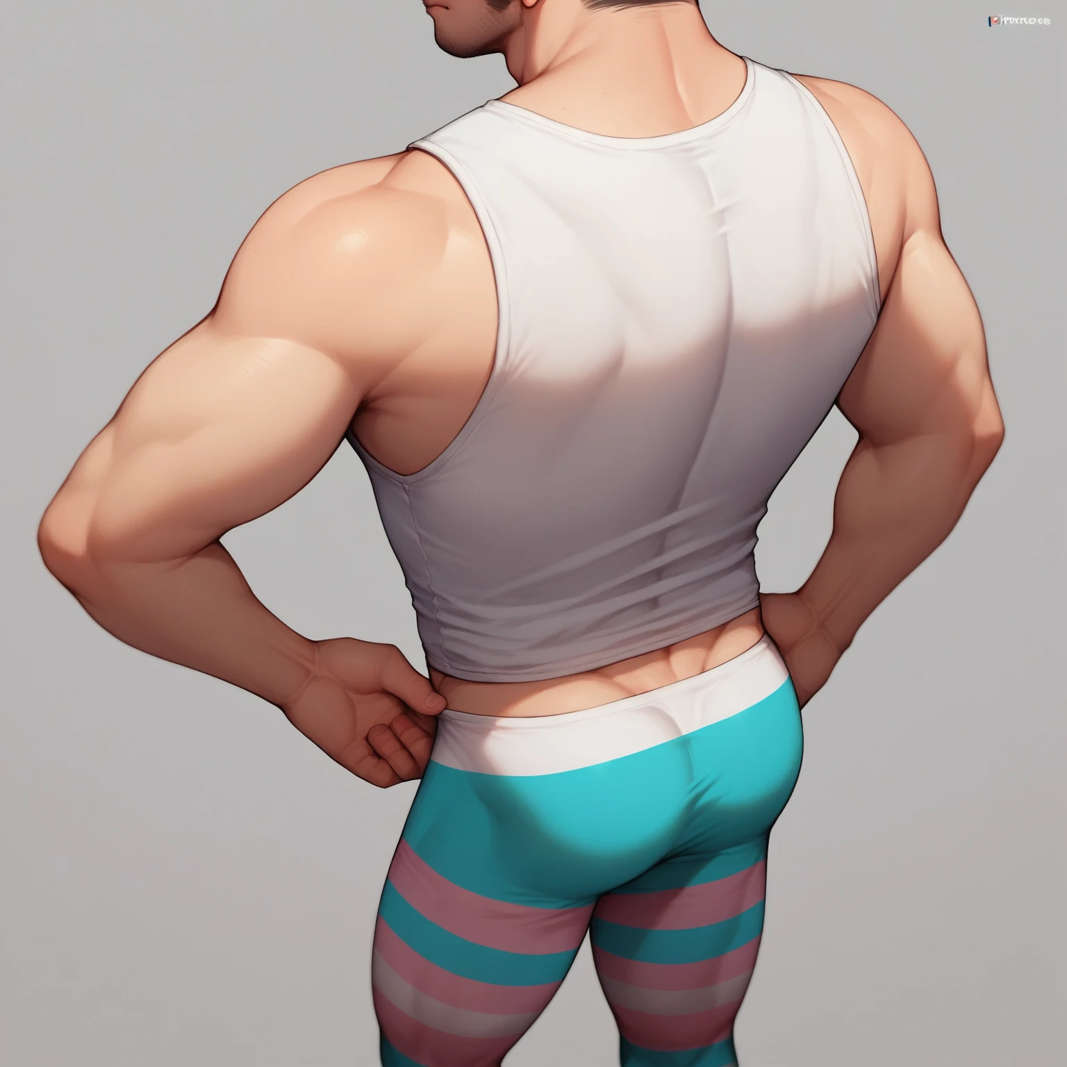 Ross lynch, muscular, hairy torso, wearing a bulging white string jockstrap in a striped colorful background