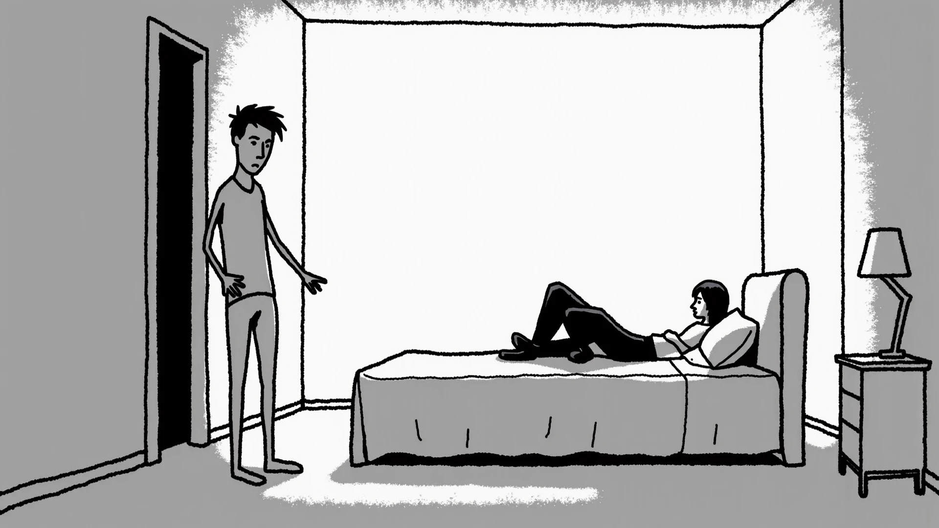 illustration of a woman sitting on a bed while a man lies on it, por Yukihiko Yasuda, por Junji Ito, por Kentaro Miura, that's subtle junji, by Hisui Sugiura, It's Junji's style, Junji isso soa, Direction: Tetsugoro Yorozu, Direction: Sadamichi Hirasawa