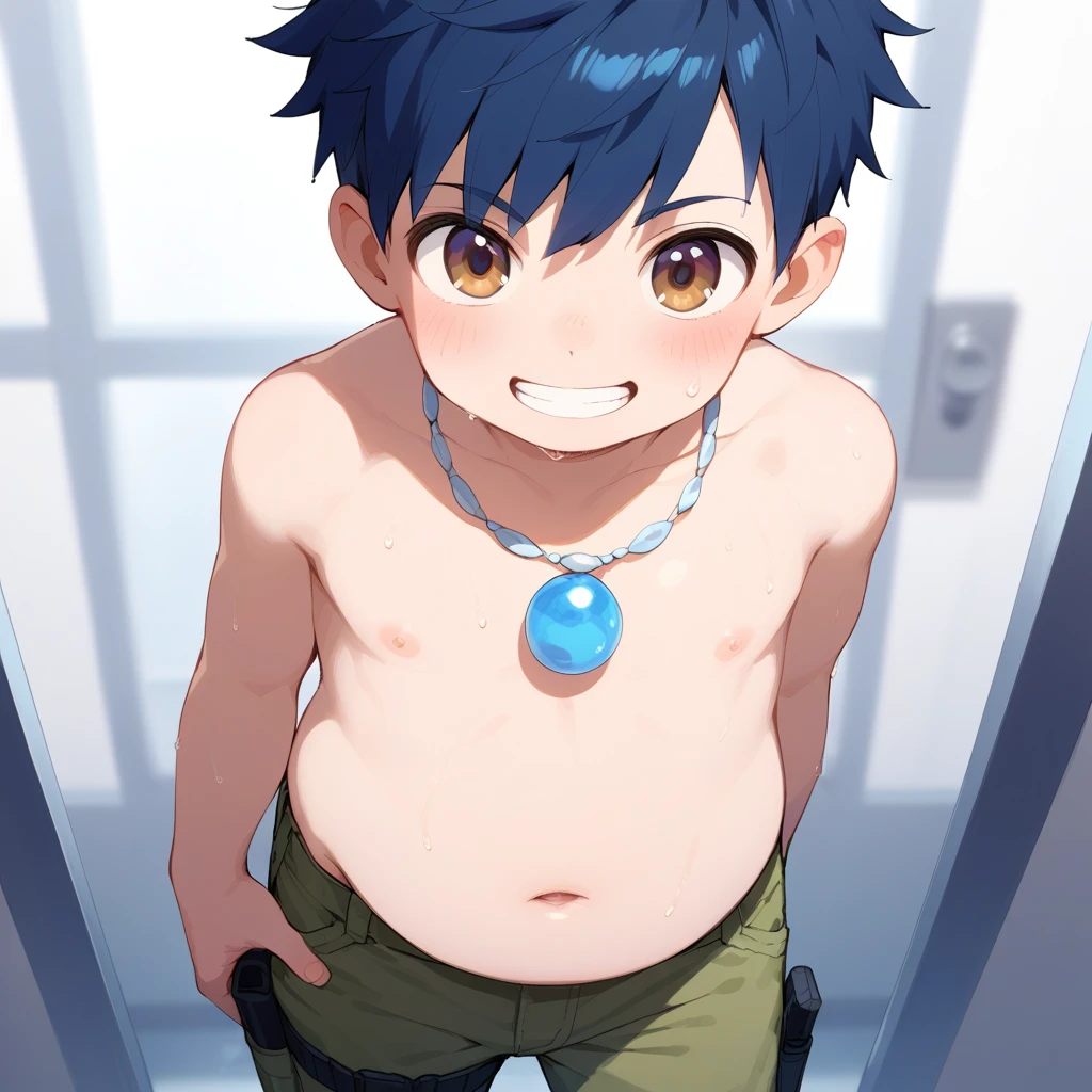 (score_9,score_8_up,score_7_up,score_6_up,score_5_up,score_4_up, source_anime), 8k, best quality, best lighting, BREAK, 1boy, 17 yo, toned, blue hair, orange eyes, male face, male eyes, male focus, yomogi asanaka, hairclips, hair ornaments, completely naked, big penis, erect, big testicles, urethral masturbation with his hairpin, half eyes, clenched teeth, blush, from above