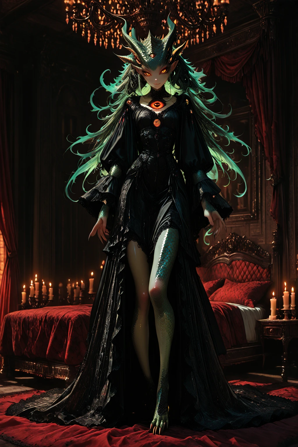 (( Melhor qualidade)) Uma mulher de pele branca com cabelos curtos e vermelhos, olhos verdes, an angry expression and flowing hair. Ela veste um vestido verde curto com um cinto de couro. De seu interior irrompe um poderoso vento verde com raios, criando uma aura de intensa energia ao seu redor."