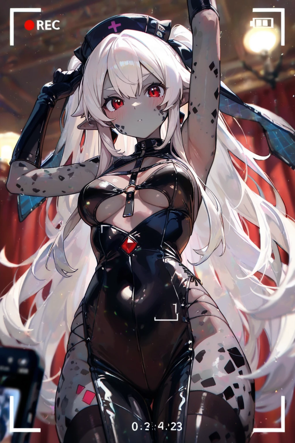 ((((Obra maestra, La mejor calidad, ultrahigh resolution)))), 1girl, standing, (cute maid costume), ((long pure silver hair and grey mesh hair, hair over eye)), long hair cut, pale skin, ((red eyes)), glowing_eyes, neon eyes, (ultra detailed eyes:0.7, beautiful and detailed face, detailed eyes:0.9), smile, ((wide shot)), facing viewer, ((vibrant background, bright lighting, summer, sunlight)), flat chested, looking at viewer, ((half closed eyes)), ((perfect hands)), (((head:1, arms, hips in view, elbows, arms, legs, in view))), ((hands behind back)), empty eyes, beautiful lighting, ((outside, outdoors)), defined subject, head tilt, (((gritty)), ((creepy)), ((cool)), ((beautiful)), (((SFW)))