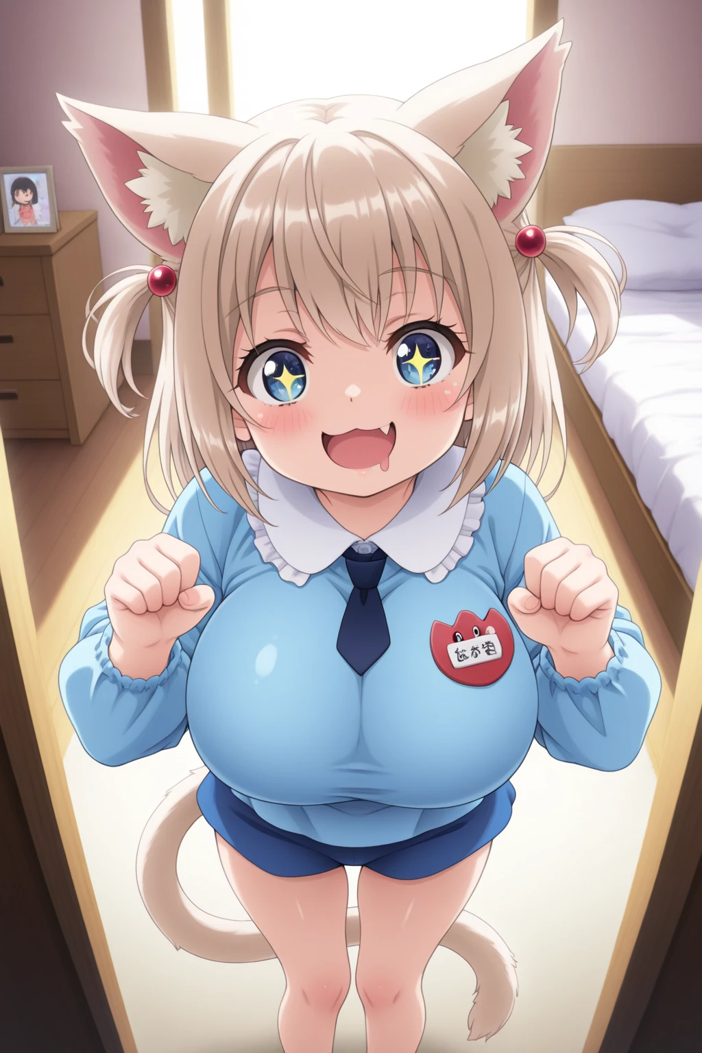 (Highly detailed CG Unity 8k wallpaper), (Best Quality), (Super Detail), (Best Illustration), (Best Shadow), POV, Realistic lighting and shading, Natural light, Lens flare effect, BREAK, 1 beautiful girl, Solo,(Cute:1.5),(Chibi:0.8), (kawaii:1.5),(Lori:0.5), BREAK, ( (17 years old girl), Very detailed, colourfull, highest details, BREAK, (Huge breasts: 1. 2,), Clear skin, Beautiful skin, Shy skin, 1 beautiful girl, Brown hair wet with sweat, (Cat ears, Ponytail, medium-Long hair: 1. 2), (Light blue eyes, long eyelashes, Double eyelids: 1. 2), Solo, gleaming skin, BREAK,(Black shorts,Pichi Pichi:1.2), (shortsleeves, White T-shirt,Taking off your t-shirt,Wet,Lower milk that was about to be seen,no-bra:1.2), (star-shaped earring:1.1), (Lace headband:1.0), (Cute Accessories:1.3), (I'm surprised to see a change of clothes:1.1), (is standing,,Slouched:1.3), Taking off your t-shirt, (Angle from above,Emphasizes cleavage:1.1), BREAK, (Caregiver:1.2),(Facilities for the elderly,dress room,The door is open,Day Service,in a house:1.5),(Multiple young women changing clothes)