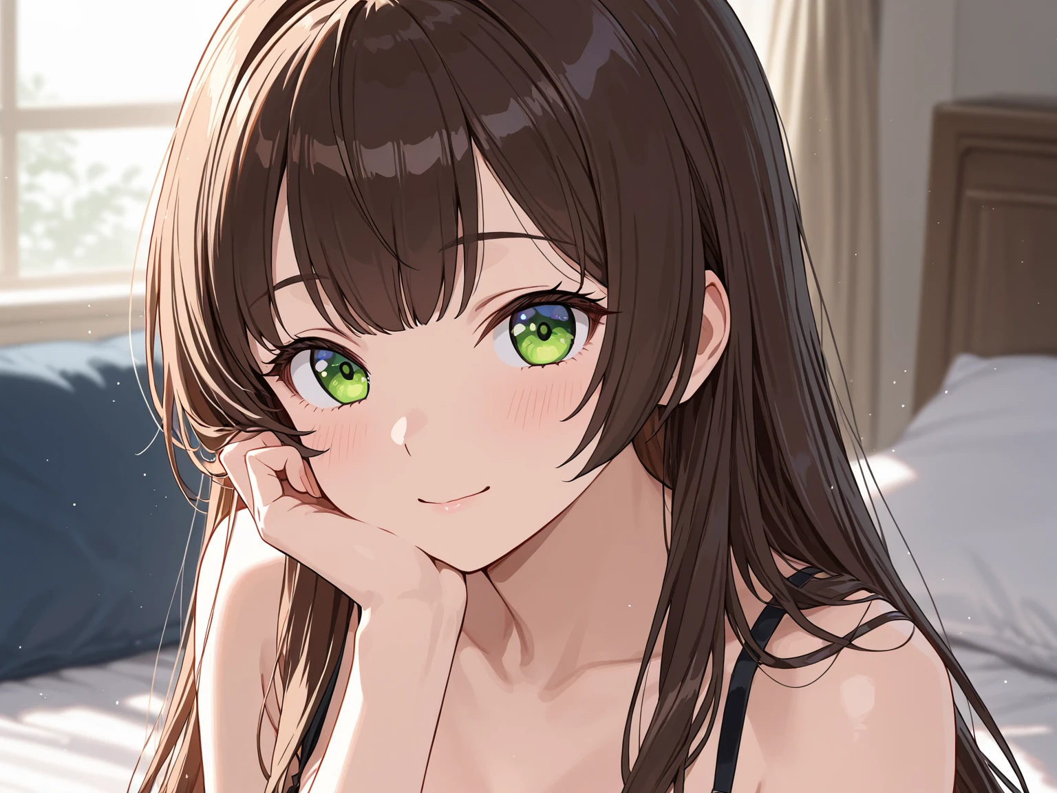 ((Tabletop, Highest quality, High resolution, Hmph, Pixel perfect, Written boundary depth, 4K, Hmph, Hmph))), 1 girl, single, alone, Beautiful Anime Girls, Beautiful art style, Anime characters, ((Curl hair outward, bangs, Brown Hair)), ((Green Eyes:1.4, Round eyes, Beautiful eyelashes, Realistic eyes)), ((Detailed face, blush:1.2)), ((Smooth texture:0.75, Realistic texture:0.65, Realistic:1.1, Anime CG style)), Dynamic Angle, ((Black shiny patterned micro bikini, Fashionable, 1 diamond necklace)), smile, Hotel swimming pool ,evening