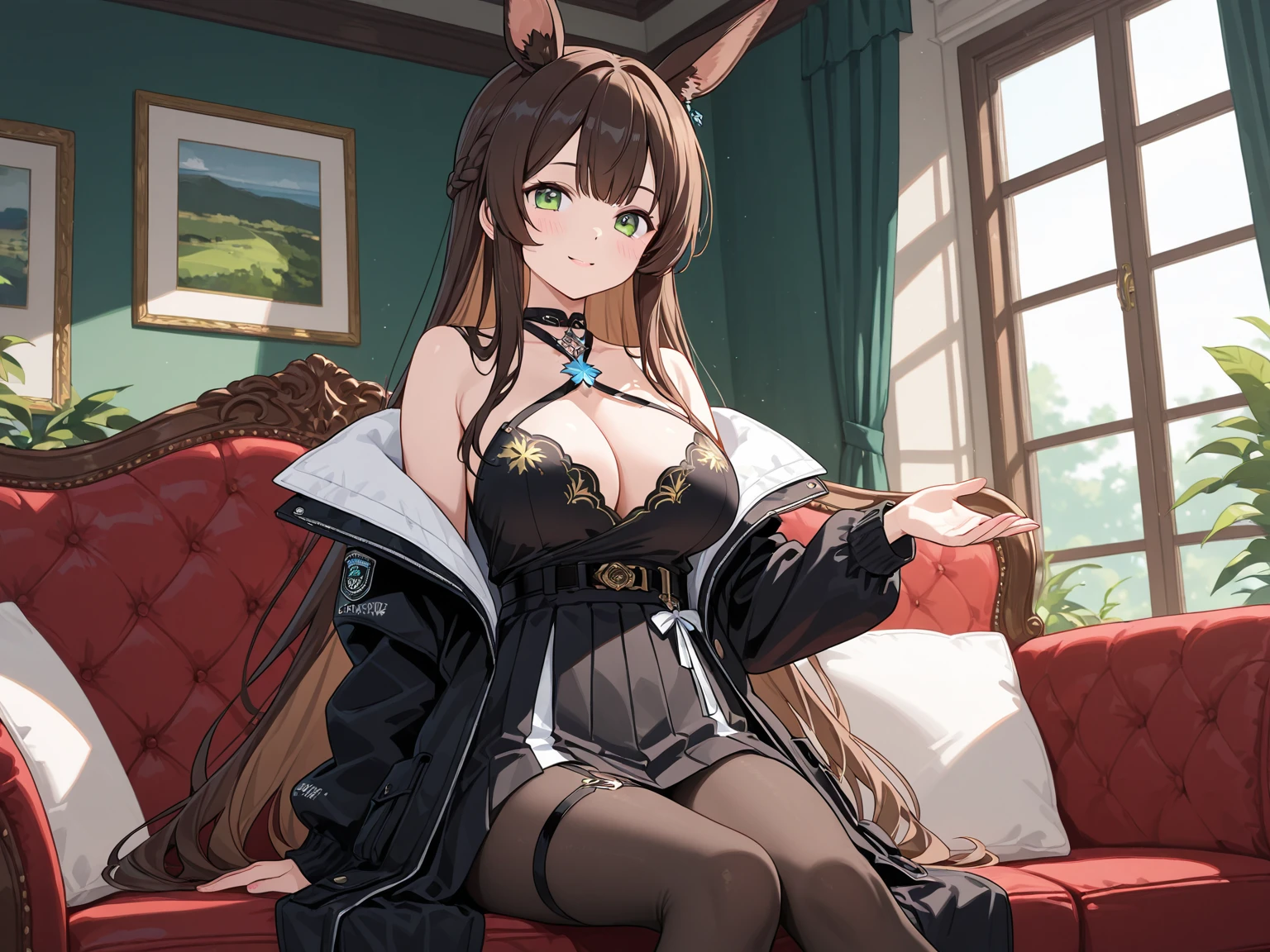 (Masterpiece: 1.5), (Best Quality: 1.5), Perfect Eyes, Perfect Face, Volumetric Lighting, 1 Woman, Mature Woman, (Whiteness: 5), fox ears, fox tail, dark brown hair, green eyes, long hair, high leg g string, corset, leather, massive breasts, massive cleavage, BDSM, submissive, blushing, thick thighs, wide hips,
