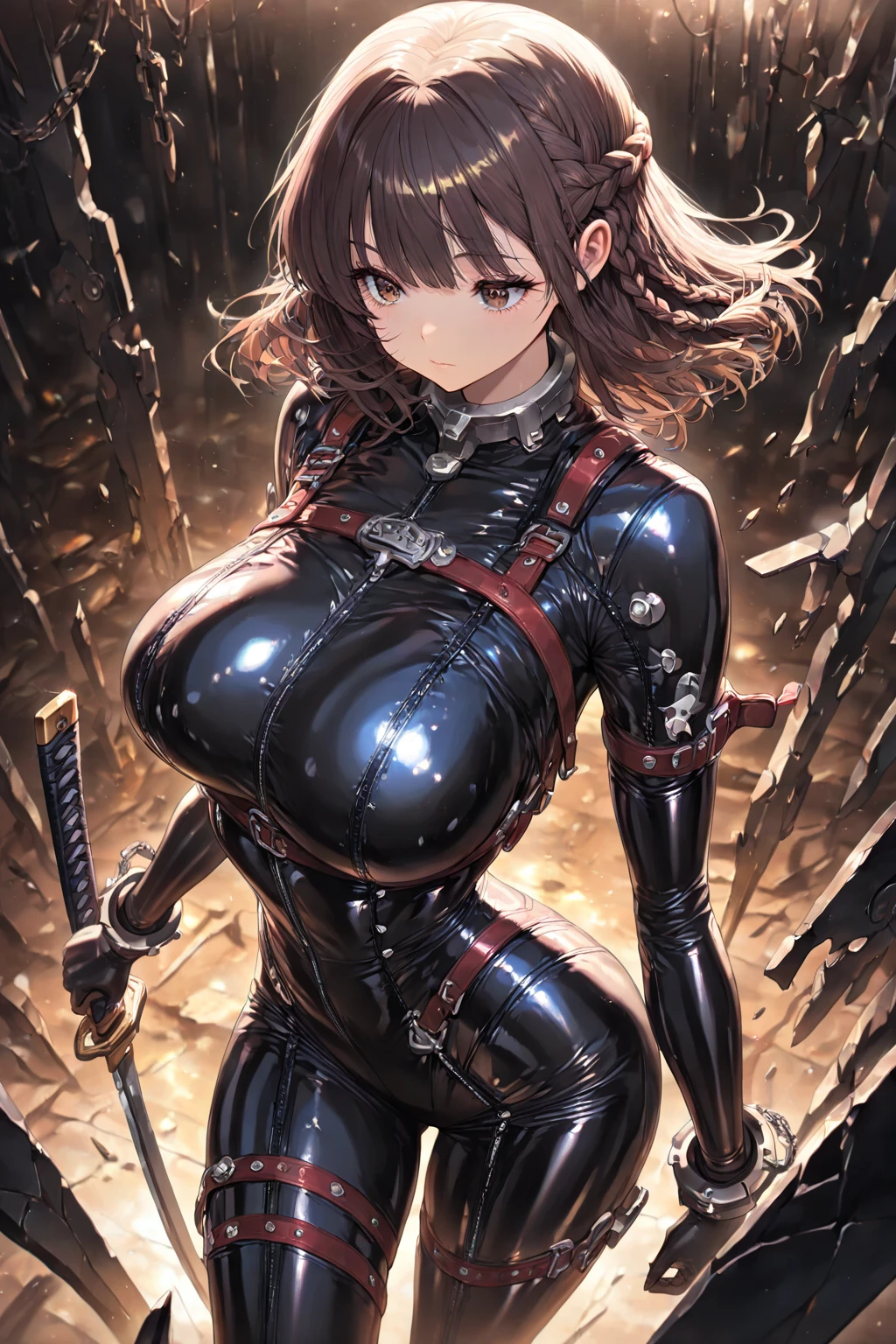 Japanese、Only One Woman,Black Hair,short hair、Married Woman、prominent lips、Visible nipples、Large size breasts、L Cup Breasts、Woman sleeping in prison、female knight、Put on Armor、Cleavage、Open your back legs、Sweat、Front of the body、bondage、Suppressed、Handcuffs、Bound in chains