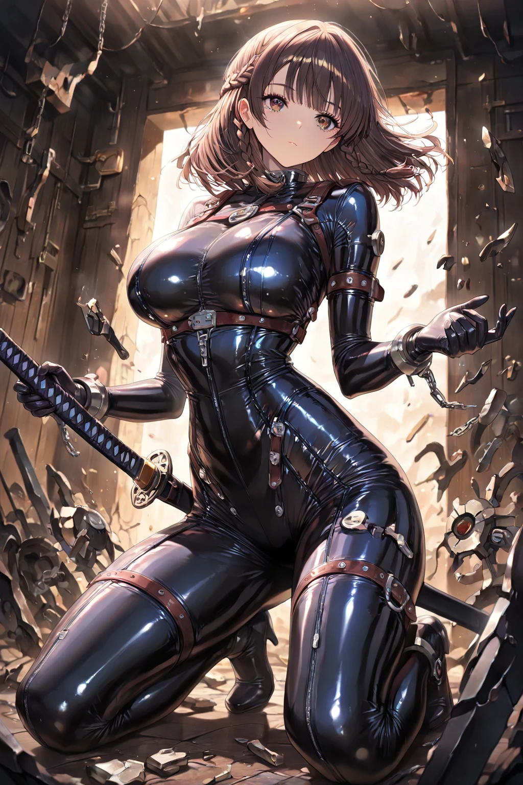 (((Full body latex bondage suit))),(((masterpiece, Highest quality))),(((alone:1.2))),(((One Girl:1.2))),32K Wallpapers, Very detailed,(((((portfolio))))),(((((close))))),(((((Breast augmentation))))),((((More angles)))),(((highlight))),(((completion. Detailed face))),((((Very talented)))),(((((The most complex machine))))),(((Genius Mechanic))),((Overall colorful)),(((((Huge breasts,Browsing Caution,((BDSM)),((Ripped latex bondage)),Erect nipples,Transparent chest,A woman experiencing orgasm,Sticking out tongue,grab penis with hand,Sweat coming out of penis,Realistic images,Highest quality,32K,The genitals are visible,Have pubic hair,
