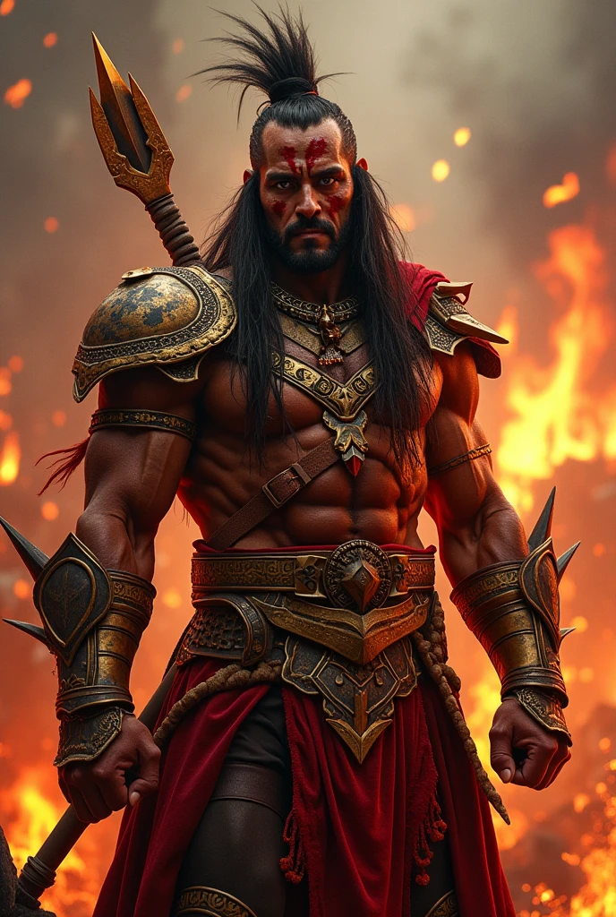 Ares with the head of a dragon in one hand and a 4K war in the background, the very bloody image, much bloodier and looking like a demon